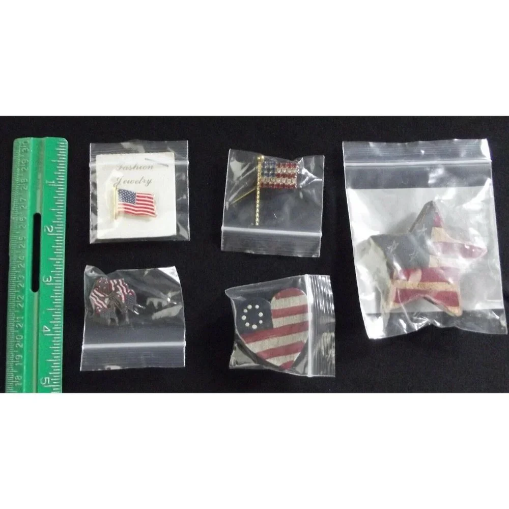 Pins Lot of Five(5)Patriotic American Flag rhinestone painted heart wood courage - Picture 2 of 6
